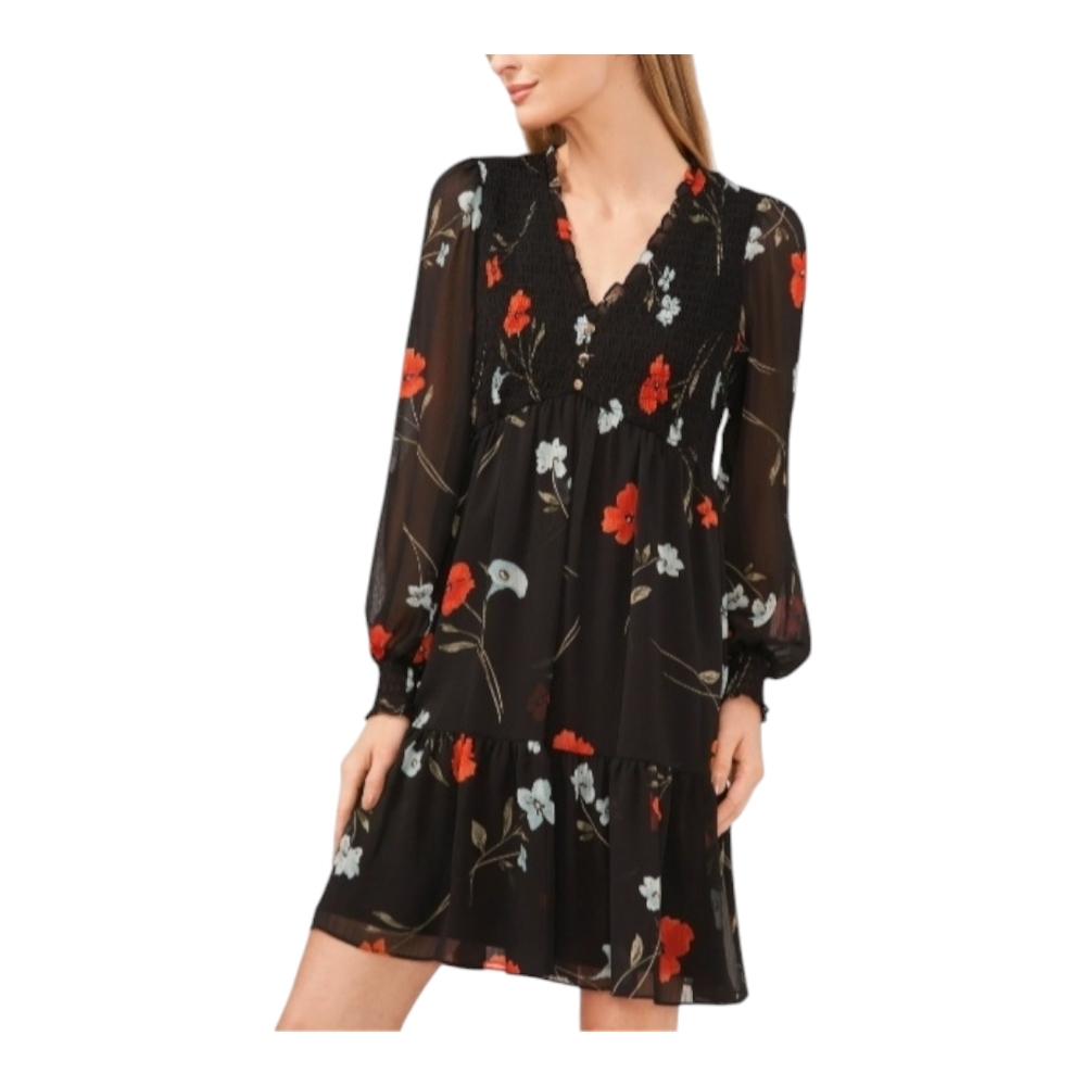 Red and Orange Ruffled Tiered Long Sleeve V-Neck Dress